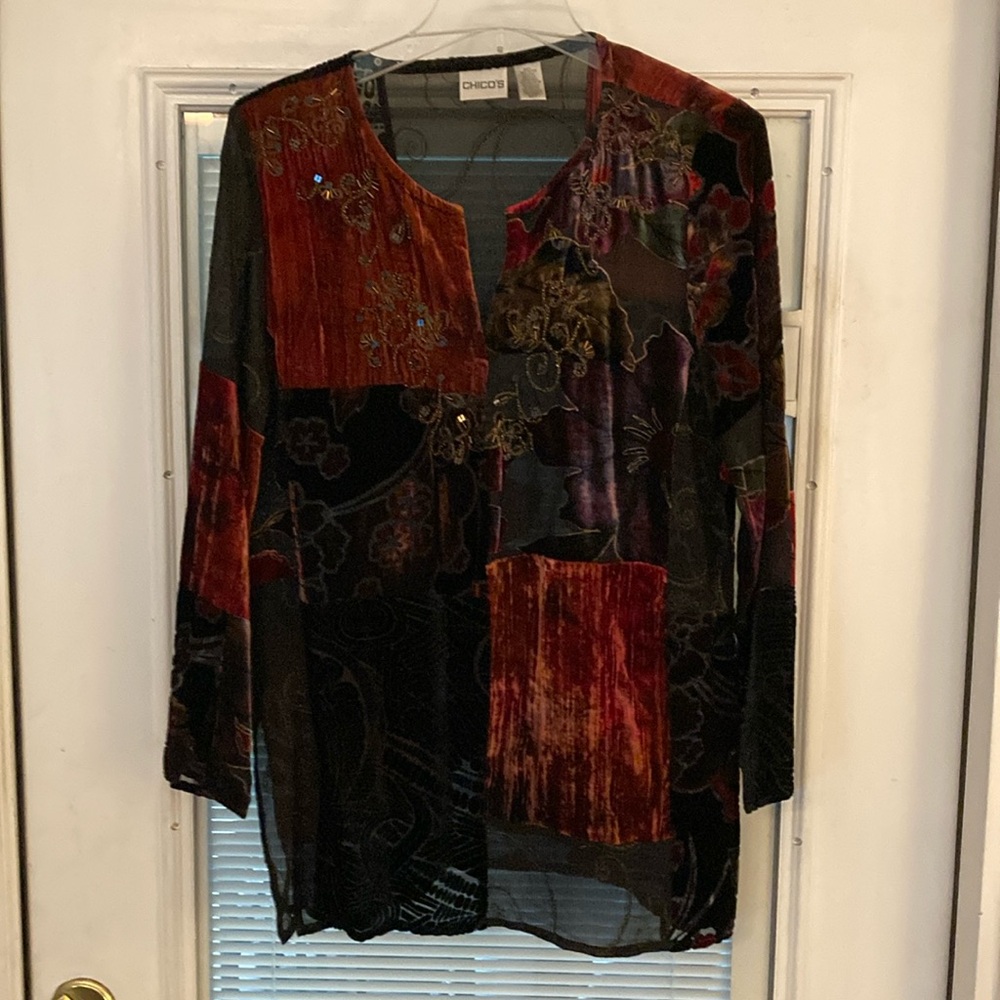 Vintage Chico’s Silk-Blend Tunic Top Women’s Size L Burnout Velvet Patchwork